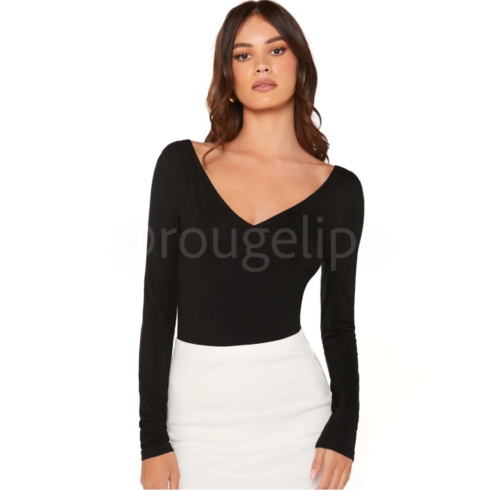 Ballet Girl Style Black Wide V-Neck Long Sleeve Tee Shirt